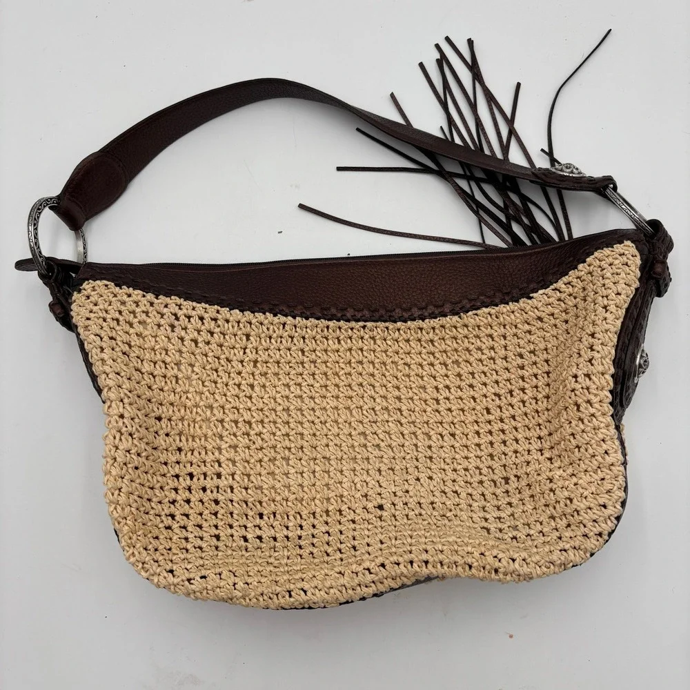 Brighton Woven Straw Leather Shoulder Bag Brown‎ Fringe Trim Boho Hobo